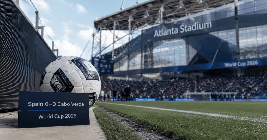 Balón de futbol frente al Estadio Atlanta tras el empate 0-0 entre España y Cabo Verde en el Mundial 2026.