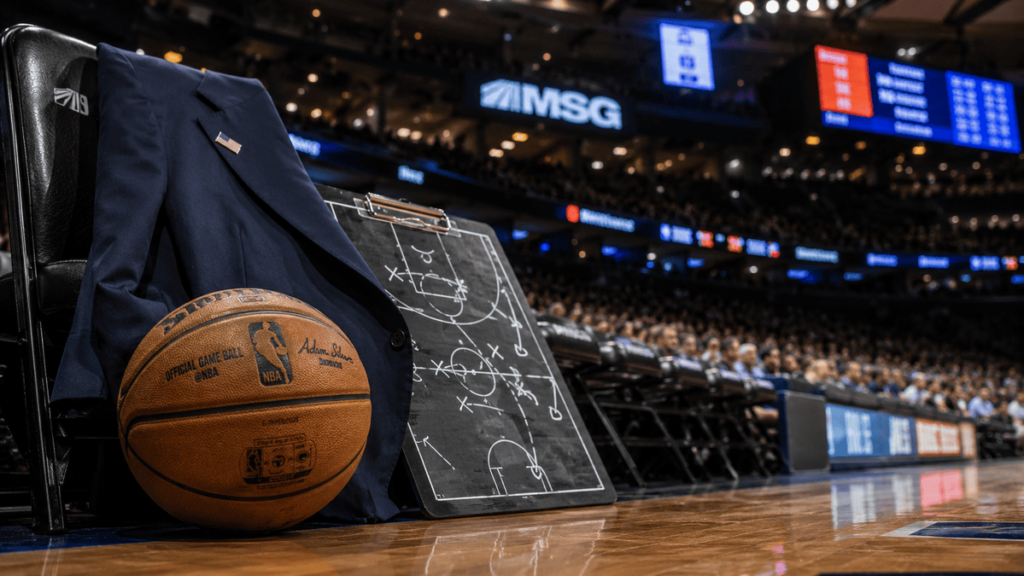 Balón de basquetbol en cancha del Madison Square Garden durante el Juego 3 de las Finales NBA 2026, con tribuna al fondo