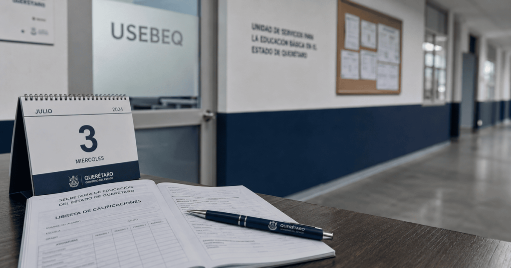 Expediente escolar y calendario con fecha del 3 de julio sobre escritorio institucional, con fachada de edificio USEBEQ desenfocada al fondo en Querétaro.