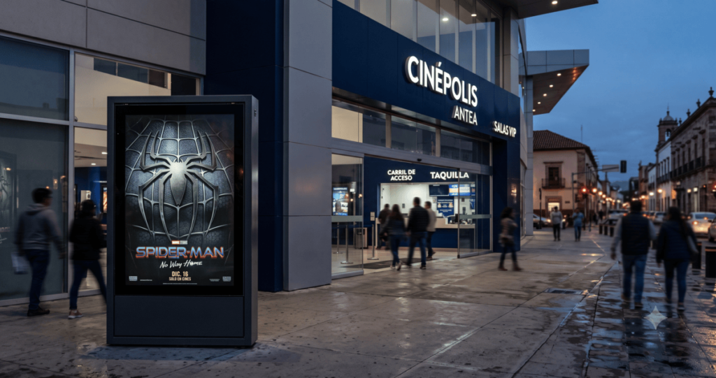 Fachada de un cine en Querétaro exhibiendo el cartel promocional de la película Spider-Man: Brand New Day al atardecer.